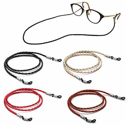 Picture of 4 Pack Eyeglasses Holder Strap Cord, Aphlos Tomorotec Eyeglass Retainer, PREMIUM LEATHER Eyeglasses String Holder Chain Necklace, Glasses Cord Lanyard (4 Colors)