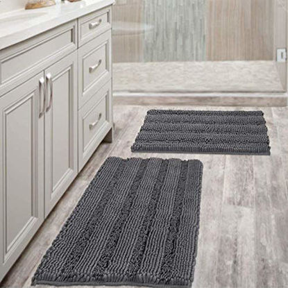 Picture of Grey Bath Mats for Bathroom Non Slip Ultra Thick and Soft Chenille Plush Striped Floor Mats Bath Rugs Set, Microfiber Door Mats for Kitchen/Living Room (Pack 2 - 20" x 32"/17" x 24")