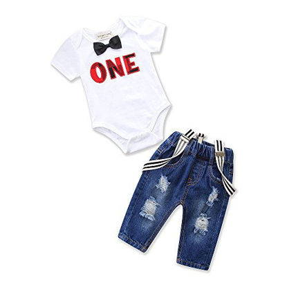 Picture of Toddler Baby Boy Clothes Set Bowtie Romper Suspenders Ripped Denim Pants Outfits (White, 90/Fit 12-18 Months)