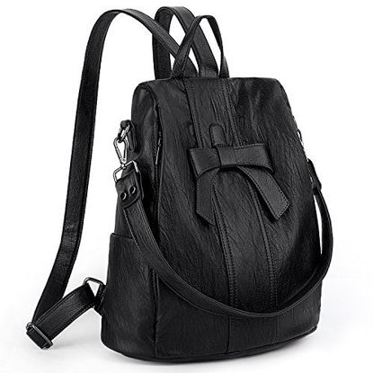 Picture of UTO Women ANTI-THEFT Backpack Purse PU Washed Leather Convertible Ladies Rucksack Bowknot Shoulder Bag Black