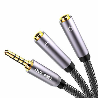 Picture of Headphone Splitter, Strong Braided & Gold-Plated 3.5mm Stereo Audio Y Splitter Cable 4-Pole Male to 2-Female Port Audio Stereo Cable Dual Headphone Jack Adapter -DuKabel Top Series
