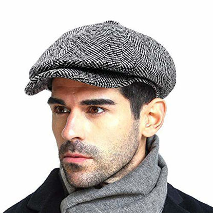Picture of Mens Newsboy Gatsby Hat Vintage Beret Flat Ivy Cabbie Driving Hunting Cap for Boyfriend Gift White Black