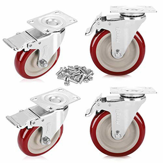 Picture of Moogiitools 5" Heavy Duty Swivel Casters Red PVC Wheel with Brake 1500lbs (Set of 4)