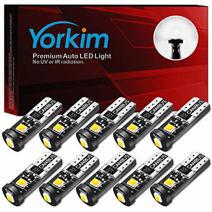 Picture of Yorkim 194 Led Bulb Canbus Error Free 3-SMD 2835 Chipsets, T10 Interior Led For Car Dome Map Door Courtesy License Plate Trunk lights with 194 168 W5W 2825 Sockets Pack of 10, White