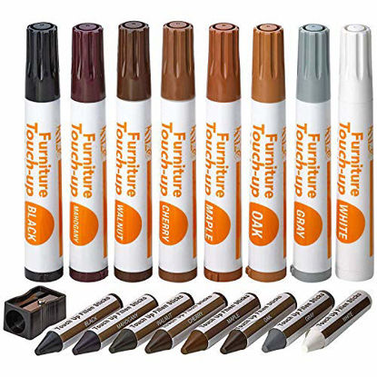 Picture of Katzco Furniture Repair Kit Wood Markers - Set of 17 - Markers and Wax Sticks with Sharpener - for Stains, Scratches, Floors, Tables, Desks, Carpenters, Bedposts, Touch-Ups, Cover-Ups, Molding Repair