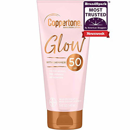 Picture of Coppertone Glow Hydrating Sunscreen Lotion with Illuminating Shimmer Minerals and Broad Spectrum SPF 50, Water-resistant, Fast-drying, Free of Parabens, PABA, Phthalates, Oxybenzone, 5 oz
