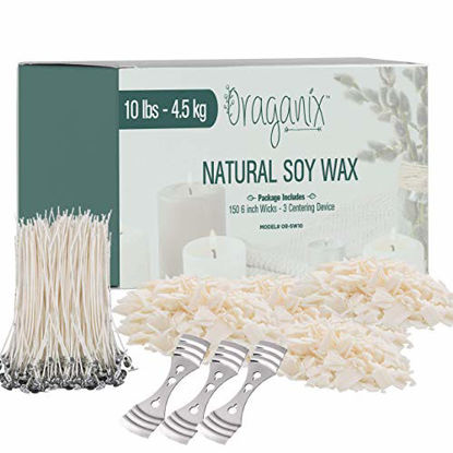 Picture of Oraganix Natural Soy Wax for DIY Candle Making Supplies-10lb Bag with 150ct 6'' Pre-Waxed Candle Wicks