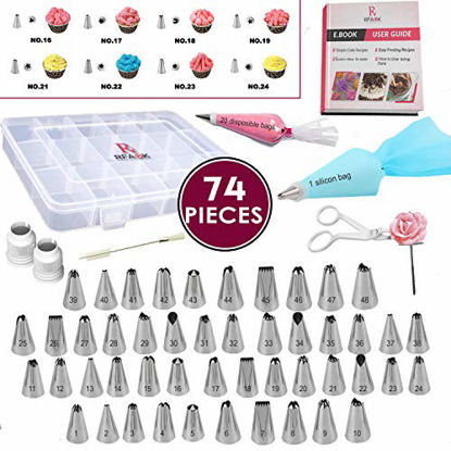 Picture of 74 PCs Piping Bags and Tips-48 Numbered Piping Tips & Pastry bags with Pattern Chart & EBook- Flower Lifter &Nail, Frosting Icing tips, Cupcake Cookie Cake decorating tips supplies kit & baking tools