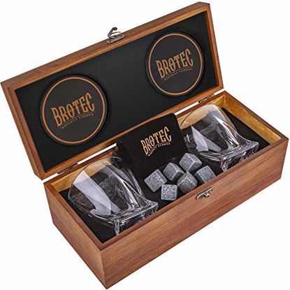 Picture of Whiskey Glass Set of 2 - Whyskey Rocks Chilling Stones & 2 Bourbon Glasses For Men or Women - Large 10oz No Lead Crystal Whiskey Glass And Stone Set - Premium Glassware in Wooden Box