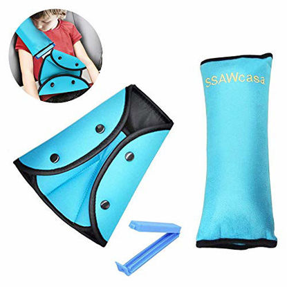 Picture of Seat Belt Pillow and Adjuster for Kids Travel,Neck Support Headrest Seatbelt Pillow Cover with Clip & Seatbelt Adjuster for Child,Car Seat Strap Protector Cushion Pads for Baby Short People (Blue)