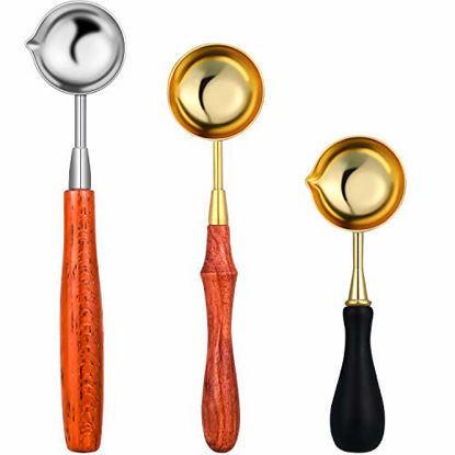 Picture of 3 Pieces Wax Spoon Big Wooden Handle Sealing Spoon Vintage Brass Melting Spoon Wax Seal Warmer for Wax Seal Stamp Envelope Letter Art Craft