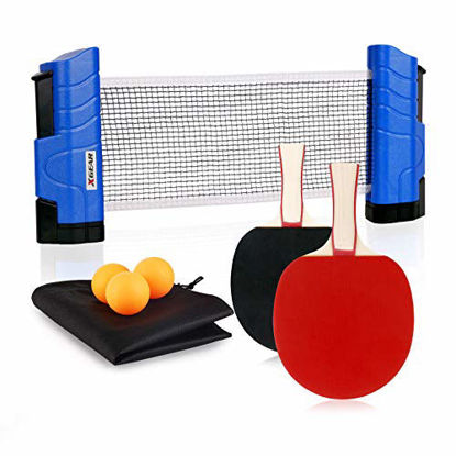 Picture of XGEAR Anywhere Ping Pong Equipment to-Go Includes Retractable Net Post, 2 Ping Pong Paddles, 3 pcs Balls, Attach to Any Table Surface, for All Ages, Lake Blue