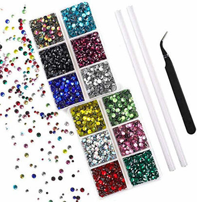 Picture of Outuxed 5400pcs 12 Colors Hotfix Rhinestones Multicolor 3 Mixed Size 2-4mm Flatback Round Glass Gems Crystal with Tweezers and Picking Rhinestones Pen for DIY Craft