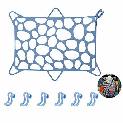 Picture of REVEX Dishwasher Net, 9.8"x14.5" Stretchable Silicone Mesh Featuring 6 Adjustable Hooks to Prevent Plastic Bowls,Bottle and Cups from Tipping Over, Suitable for All Types of Dishwashers (Blue)