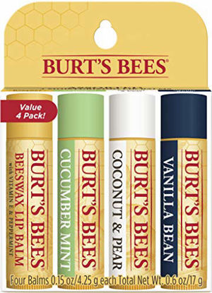 Picture of Burt's Bees 100% Natural Moisturizing Lip Balm, Multipack - Original Beeswax, Cucumber Mint, Coconut & Pear and Vanilla Bean with Beeswax & Fruit Extracts - 4 Tubes