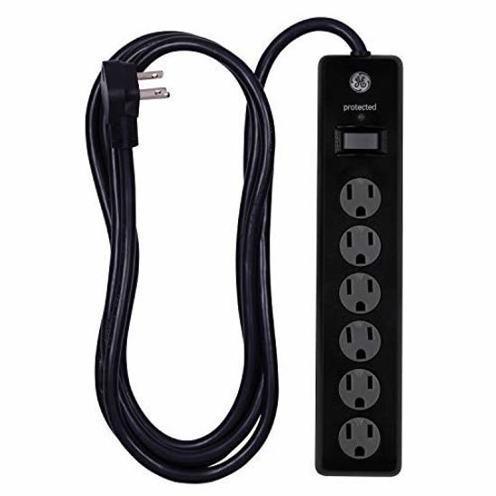 Picture of GE 6 Outlet Surge Protector, 10 Ft Extension Cord, Power Strip, 600 Joules, Twist-to-Close Safety Covers, Black, 37442