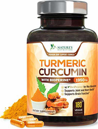 Picture of Turmeric Curcumin with BioPerine 95% Curcuminoids 1950mg with Black Pepper for Best Absorption, Made in USA, Most Powerful Joint Support, Turmeric Supplement by Natures Nutrition - 180 Capsules