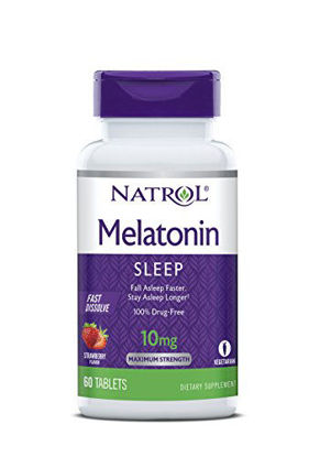 Picture of Natrol Melatonin Fast Dissolve Tablets, Helps You Fall Asleep Faster, Stay Asleep Longer, Easy to Take, Dissolves in Mouth, Faster Absorption, Maximum Strength, Strawberry Flavor, 10mg, 60 Count