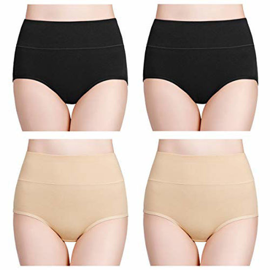 Picture of wirarpa Womens High Waisted Cotton Underwear Full Brief Panties Ladies No Ride Up Underpants 4 Pack Black Beige Size 7, Large