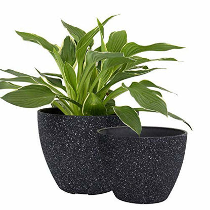 Picture of Flower Pots Outdoor Indoor Garden Planters, Plant Containers with Drain Hole, Speckled Black (8.6 + 7.5 Inch)
