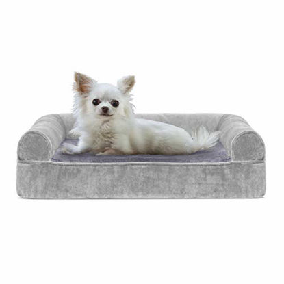 Picture of Furhaven Pet Dog Bed - Cooling Gel Memory Foam Faux Fur and Velvet Traditional Sofa-Style Living Room Couch Pet Bed with Removable Cover for Dogs and Cats, Smoke Gray, Small