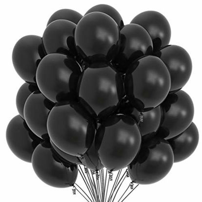 Picture of Prextex 75 Black Party Balloons 12 Inch Black Balloons with Matching Color Ribbon for Black Theme Party Decoration, Weddings, Baby Shower, Birthday Parties Supplies or Arch Décor - Helium Quality