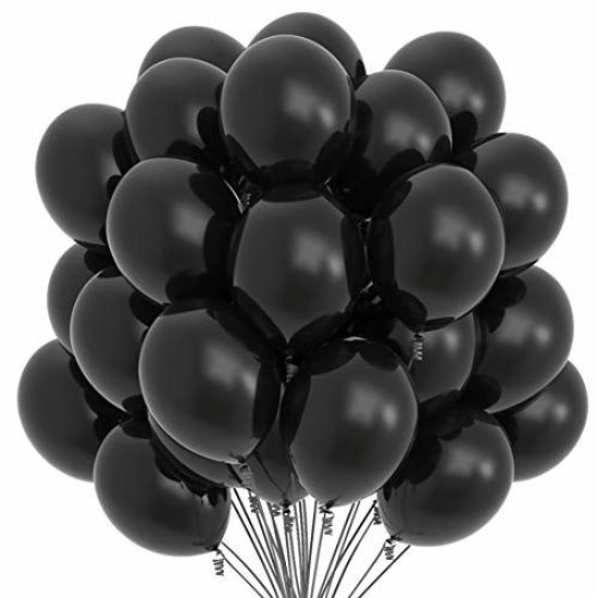 Picture of Prextex 75 Black Party Balloons 12 Inch Black Balloons with Matching Color Ribbon for Black Theme Party Decoration, Weddings, Baby Shower, Birthday Parties Supplies or Arch Décor - Helium Quality