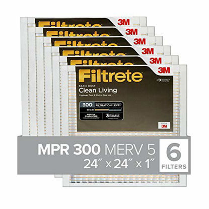 Picture of Filtrete 24x24x1, AC Furnace Air Filter, MPR 300, Clean Living Basic Dust, 6-Pack (exact dimensions 23.81 x 23.81 x 0.66)