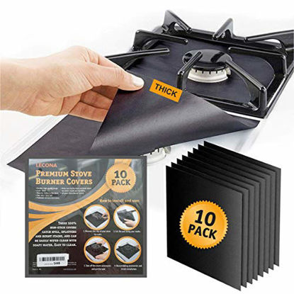 Picture of 10 pack, gas stove protector, stove burner liners, stovetop range protectors, set top burner covers black, size 10.6 x 10.6 non stick reusable cover easy to clean, double thickness
