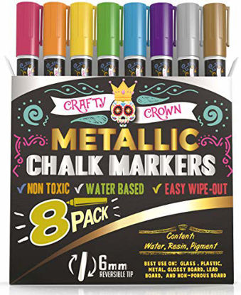 Picture of Liquid Chalk Markers - Dry Erase Marker Pens - Chalk Markers for Chalkboards, Signs, Windows, Blackboard, Glass - Reversible Tip (8 Pack) - 24 Chalkboard Labels Included (Metallic, 6mm)