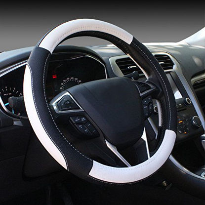 Picture of SEG Direct Black and White Microfiber Leather Auto Car Steering Wheel Cover Universal 15 inch