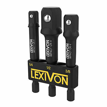 Picture of LEXIVON Impact Grade Socket Adapter Set, 3" Extension Bit With Holder | 3-Piece 1/4", 3/8", and 1/2" Drive, Adapt Your Power Drill To High Torque Impact Wrench (LX-101)