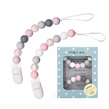 Picture of Pacifier Clip, TYRY.HU Silicone Teething Beads Binky Holder Soothie Teether Clips for Baby Boys or Girls, 2 Pack (Pink+Purple)