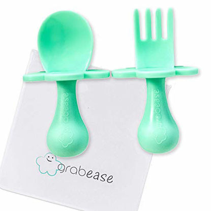 Picture of GRABEASE First Self Feed Baby Utensils with a Togo Pouch - Anti-Choke, BPA-Free Baby Spoon and Fork Toddler Utensils - Toddler Silverware for Baby Led Weaning Ages 6 Months+, Mint