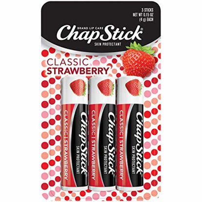 Picture of Chapstick Classic (1 Blister 3 Count Sticks, Strawberry Flavor) Skin Protectant Flavored Lip Balm Tube, 3 Count (Pack of 1)