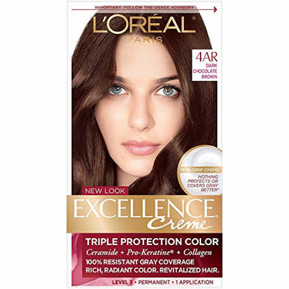 Picture of L'Oreal Paris Excellence Creme Permanent Hair Color, 4AR Dark Chocolate Brown, 100 percent Gray Coverage Hair Dye, Pack of 1