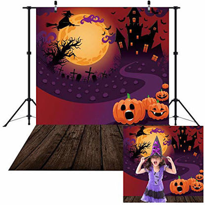 Picture of Haboke 5x7ft Durable/Soft Fabric Halloween Decorations Decor Backdrop for Photography Pumpkin Castle Witch and Bat Horrible Party for Kids Photo Background Photo Studio Booth Props