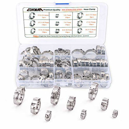 Picture of LOKMAN Stainless Steel Single Ear Hose Clamp, 80Pcs 6-23.6mm Crimp Hose Clamp Assortment Kit Ear Stepless Cinch Rings Crimp Pinch Fitting Tools (1/4 inch - 15/16 inch)