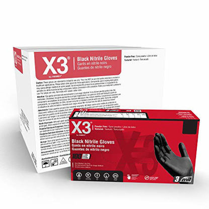 Picture of X3 Industrial Black Nitrile Gloves, Case of 1000, 3 Mil, Size Medium, Latex Free, Powder Free, Textured, Disposable, Food Safe, BX344100