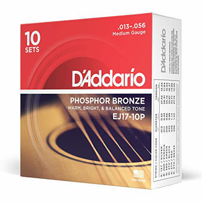 Picture of DAddario EJ17 Phosphor Bronze Acoustic Guitar Strings, Medium (10 Pack) - Corrosion-Resistant Phosphor Bronze, Offers a Warm, Bright and Well-Balanced Acoustic Tone and Comfortable Playability