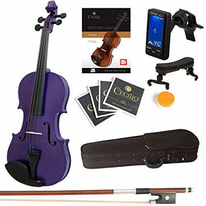 Picture of Mendini Full Size 4/4 MV-Purple Solid Wood Violin with Tuner, Lesson Book, Shoulder Rest, Extra Strings, Bow and Case, Metallic Purple