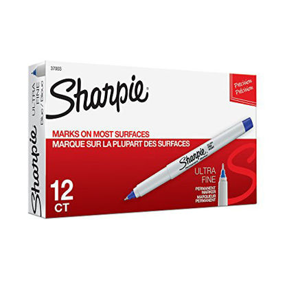 Picture of Sharpie 37003 Ultra-Fine Permanent Marker, Marks on Paper and Plastic, Resist Fading and Water, AP Certified, Blue Color, Pack of 12