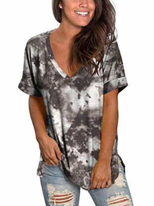 Picture of Women Tops Color Block Shirt Side Split Tunics V Neck Tiestie Dye Tee Soft Coffee L