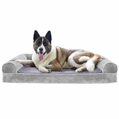 Picture of Furhaven Pet Dog Bed - Cooling Gel Memory Foam Faux Fur and Velvet Traditional Sofa-Style Living Room Couch Pet Bed with Removable Cover for Dogs and Cats, Smoke Gray, Jumbo