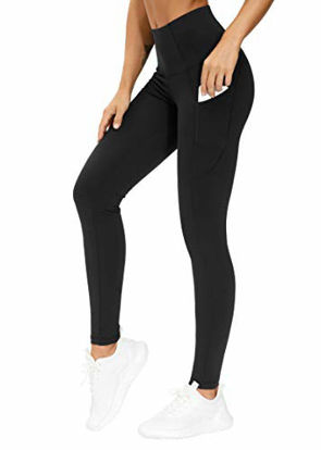 Picture of THE GYM PEOPLE Thick High Waist Yoga Pants with Pockets, Tummy Control Workout Running Yoga Leggings for Women (Large, Black  )
