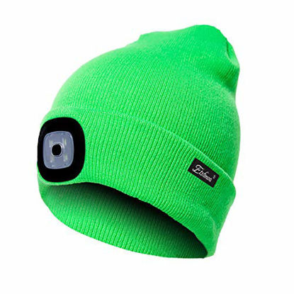 Picture of Etsfmoa Unisex LED Beanie Hat with Light, Gift for Men and Women USB Rechargeable Winter Knit Lighted Headlight Hats Headlamp Torch Skull Cap (Fluorescent green)