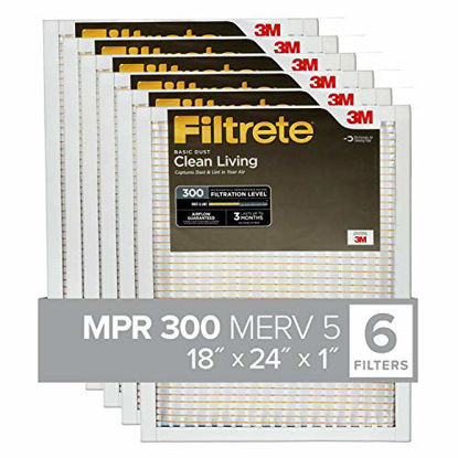 Picture of Filtrete 18x24x1, AC Furnace Air Filter, MPR 300, Clean Living Basic Dust, 6-Pack (exact dimensions 17.81 x 23.81 x 0.81)