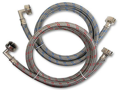 Picture of Premium Stainless Steel Washing Machine Hoses with 90 Degree Elbow, 8 Ft Burst Proof (2 Pack) Red and Blue Striped Water Connection Inlet Supply Lines - Lead Free