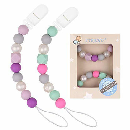 Picture of Pacifier Clip Baby Girls Binky Holder Soothie Paci Clip Silicone Bead Teething Relief Teether Toy Baby Birthday Christmas Shower Gift Set of 2 (Purple, Green)