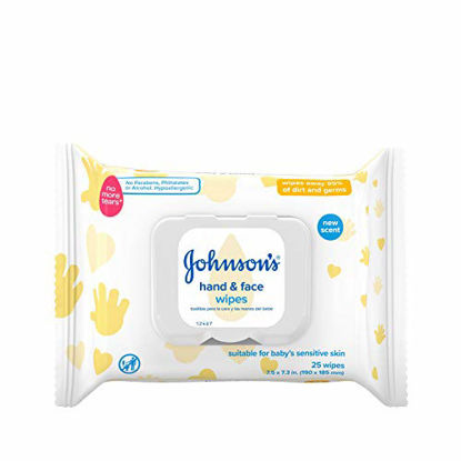 Picture of Johnson's Baby Hand & Face Baby Sanitizing Cleansing Wipes for Travel and OnTheGo, No More Tears Formula, Paraben and Alcohol Free, White, 25 Count